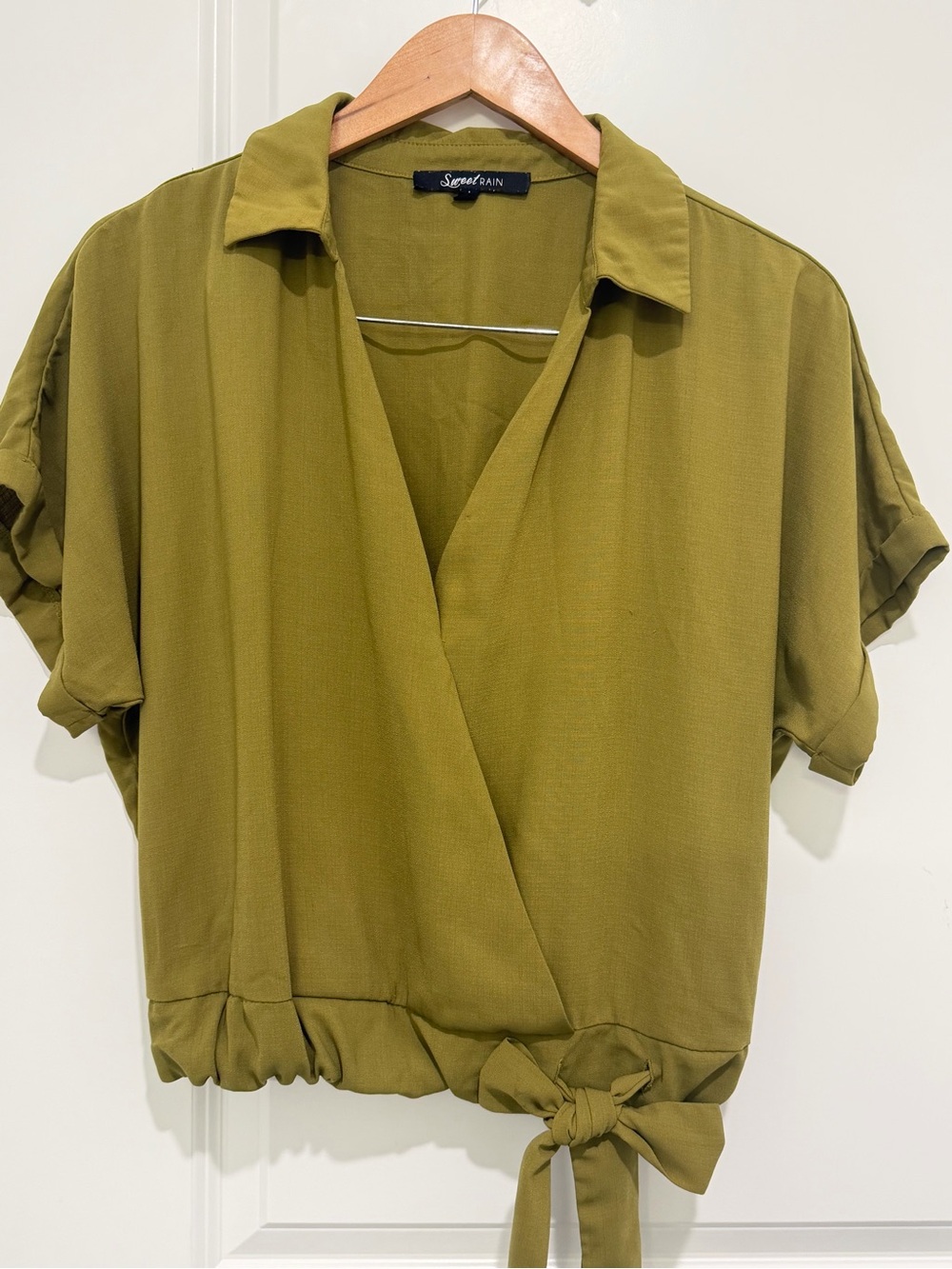 Sweet Rain Olive Green Wrap Tie Blouse Size L